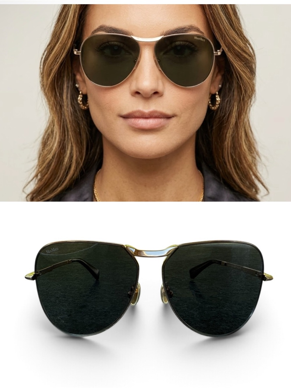 MaxMara Gold-Tone Aviator Sunglasses with Dark Green Lenses